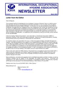 INTERNATIONAL OCCUPATIONAL HYGIENE ASSOCIATION NEWSLETTER Vol 9(1)