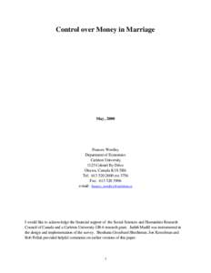 Control over Money in Marriage  May, 2000 Frances Woolley Department of Economics