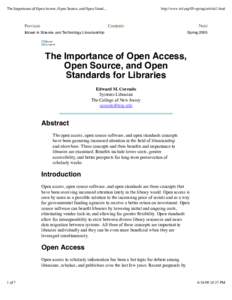 The Importance of Open Access, Open Source, and Open Stand...  Previous http://www.istl.org/05-spring/article2.html