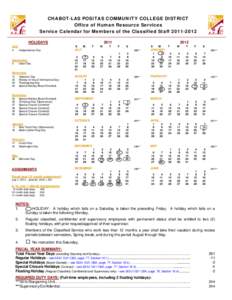 CHABOT-LAS POSITAS COMMUNITY COLLEGE DISTRICT Office of Human Resource Services Service Calendar for Members of the Classified Staff[removed]HOLIDAYS July 4