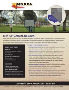 CITY OF CARLIN, NEVADA Known for its top-producing gold mines and limitless recreational opportunities, Carlin is the perfect merger of business-friendly and family-friendly. Interested in building your transportation or