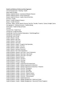 Health	
  and	
  Wellness	
  Preference	
  Data	
  Segments Arts	
  &	
  Entertainment	
  >	
  Reading	
  >	
  Health Baby	
  Health	
  &	
  Safety Beauty,	
  Health	
  &	
  Fitness	
  >	
  Cosmetics	
