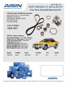 May 17, 2012 v.1.0  NEW PRODUCT BULLETIN Water Pump Timing Belt Replacement Kit AISIN kit includes the following components: •AISIN Water Pump W/ Seal and Gaskets