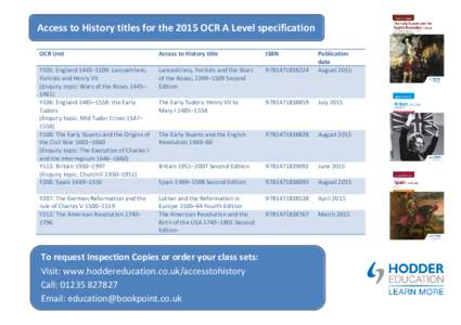 Access to History titles for the 2015 OCR A Level specification OCR Unit Access to History title  ISBN