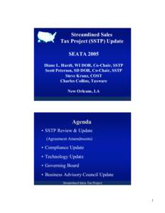Streamlined Sales Tax Project (SSTP) Update SEATA 2005 Diane L. Hardt, WI DOR, Co-Chair, SSTP Scott Peterson, SD DOR, Co-Chair, SSTP Steve Kranz, COST