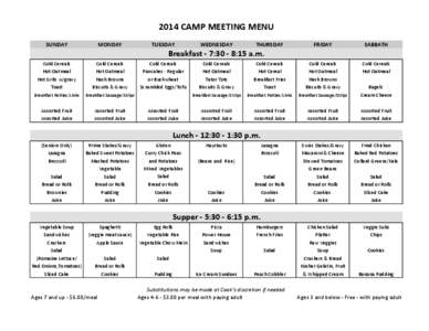 2014 CAMP MEETING MENU SUNDAY MONDAY  TUESDAY