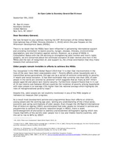 An Open Letter to Secretary General Ban Ki-moon September 9th, 2010 Mr. Ban Ki-moon Secretary-General United Nations New York, NY 10017