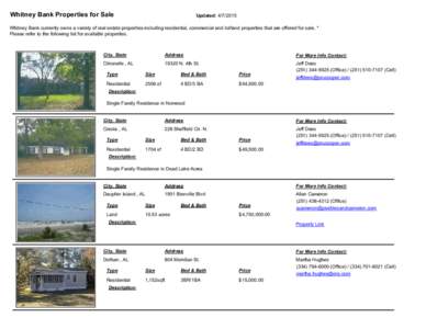 Whitney Bank Properties for Sale  Updated: [removed]Whitney Bank currently owns a variety of real estate properties including residential, commercial and lot/land properties that are offered for sale. * Please refer to t