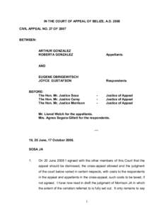 IN THE COURT OF APPEAL OF BELIZE, A.D. 2008  CIVIL APPEAL NO. 27 OF 2007  BETWEEN:   ARTHUR GONZALEZ 