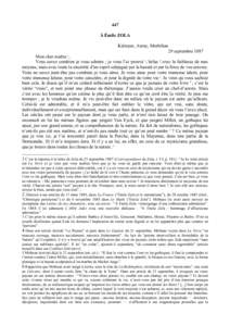 447 À Émile ZOLA Kérisper, Auray, Morbihan 29 septembre 1887 Mon cher maître 1, Vous savez combien je vous admire ; je vous l’ai prouvé 2, hélas ! avec la faiblesse de mes