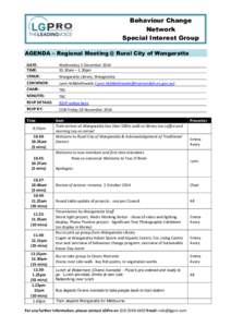 Behaviour Change Network Special Interest Group AGENDA – Regional Meeting @ Rural City of Wangaratta DATE: TIME: