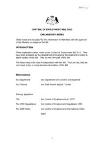 [removed]CONTROL OF EMPLOYMENT BILL 2013 EXPLANATORY NOTES  These notes are circulated for the information of Members with the approval