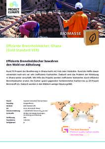 BioMaSSe Effiziente Brennholzkocher, Ghana (Gold Standard VER) effiziente Brennholzkocher bewahren den Wald vor abholzung Rund 70 Prozent der Bevölkerung in Ghana kocht mit Holz oder Holzkohle. Rund die Hälfte davon