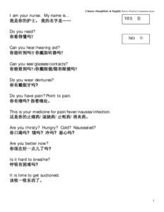 Chinese (Simplified) & English Nurse-Patient Communication  I am your nurse. My name is… 我是你的护士。 我的名字是…… Do you read? 你看得懂吗?