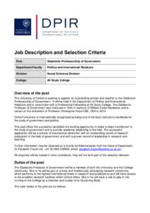 Job Description and Selection Criteria Post Gladstone Professorship of Government  Department/Faculty