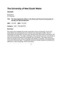 The University of New South Wales DI0348095 Ms D Davis Dr R Diprose Title: The Intersubjectivity of Race in the Social and Personal Construction of Identity and Self Identification