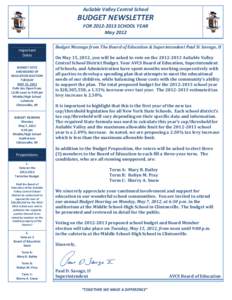 AuSable Valley Central School  BUDGET NEWSLETTER FOR[removed]SCHOOL YEAR May 2012 Important