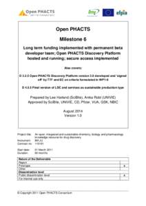 Open PHACTS Milestone 6 Long term funding implemented with permanent beta developer team; Open PHACTS Discovery Platform hosted and running; secure access implemented Also covers: