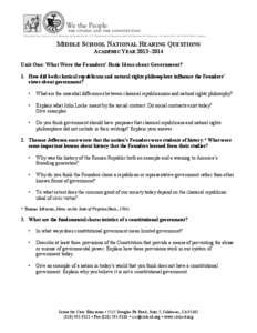 MIDDLE SCHOOL NATIONAL HEARING QUESTIONS  	
   ACADEMIC YEAR 2013–2014 Unit One: What Were the Founders’ Basic Ideas about Government?