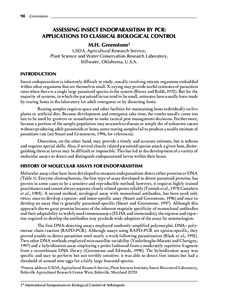 98 Greenstone _____________________________________________________________________________  ASSESSING INSECT ENDOPARASITISM BY PCR: APPLICATIONS TO CLASSICAL BIOLOGICAL CONTROL M.H. Greenstone1 USDA, Agricultural Resear