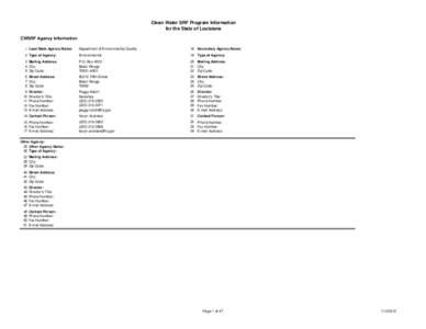 Clean Water SRF Program Information for the State of Louisiana CWSRF Agency Information 1 Lead State Agency Name:  Department of Environmental Quality