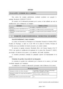 ANEXO EVALUACIÓN ANTERIOR DE LA CARRERA Esta carrera fue evaluada anteriormente, resultando acreditada con categoría A, mediante Resolución CONEAU Nº De acuerdo con la información presentada por la carrera,