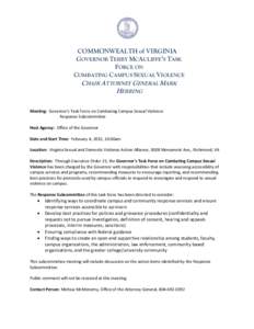 COMMONWEALTH of VIRGINIA GOVERNOR TERRY MCAULIFFE’S TASK FORCE ON COMBATING CAMPUS SEXUAL VIOLENCE  CHAIR ATTORNEY GENERAL MARK