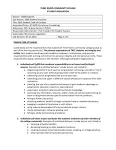 THREE RIVERS COMMUNITY COLLEGE STUDENT REGULATION Section: 2000 Students Sub Section: 2600 Student Discipline Title: 2610 Student Code of Conduct Associated Policy: SP 2620 Disciplinary Proceedings