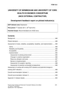 ITEMUNIVERSITY OF BIRMINGHAM AND UNIVERSITY OF YORK HEALTH ECONOMICS CONSORTIUM (NICE EXTERNAL CONTRACTOR) Development feedback report on piloted indicator(s)