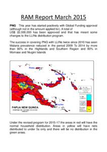 RAM Report March 2015 PNG This year has started positively with Global Funding approval (although not in the amount applied for). A total of US$ 22,000,000 has been approved and that has meant some changes to the LLINs d