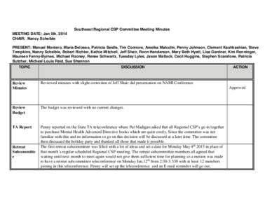 Southeast Regional CSP Committee Meeting Minutes MEETING DATE: Jan 5th, 2014 CHAIR: Nancy Scheible PRESENT: Manuel Montero, Maria Delosso, Patricia Seidle, Tim Connors, Ameika Malcolm, Penny Johnson, Clement Kashkashian,