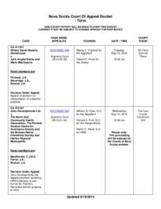 Nova Scotia Court Of Appeal Docket / Term WHILE EVERY EFFORT WILL BE MADE TO KEEP THIS DOCKET CURRENT IT MAY BE SUBJECT TO CHANGE WITHOUT FURTHER NOTICE  CASE