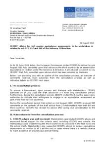 CEIOPS | Westhafen Tower, 14 floor, Westhafenplatz[removed]Frankfurt | Germany Mr Jonathan Faull Director General EUROPEAN COMMISSION