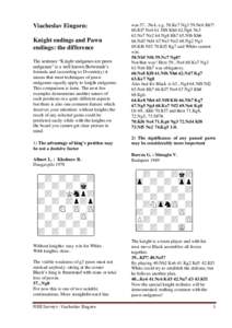 Viacheslav Eingorn: Knight endings and Pawn endings: the difference The sentence “Knight endgames are pawn endgames” is a well known Botwinnik’s formula and (according to Dvoretsky) it
