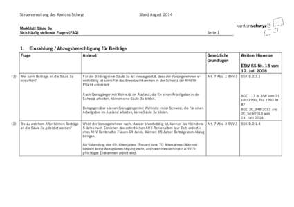 Steuerverwaltung des Kantons Schwyz  Stand August 2014 Merkblatt Säule 3a Sich häufig stellende Fragen (FAQ)