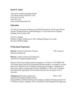 Critical Skills / Center for Ecoliteracy / Outdoor education / Keene /  New Hampshire / Philosophy of education / Waldorf education / New Hampshire / Antioch University New England / David Sobel / Education / Alternative education / Environmental education
