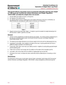 Attached Conditions for Operation of Single Steer Log Picker Version[removed]Last Modified: June 22, 2012 This permit allows a log picker truck to exceed the allowable steering axle weight of 7,300 kg as per Commercial V