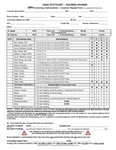 USAG STUTTGART – HOUSING DIVISION  UPH Furnishings Authorizations – Customer Request Form (not applicable for Barracks) Customer Rank & Name: ______________________________________________ SSN: ______ - ____ - ______