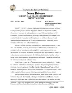 CALIFORNIA OAK MORTALITY TASK FORCE  News Release