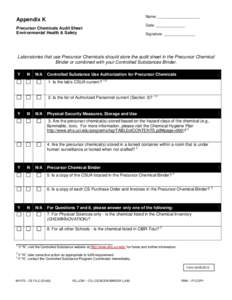 Name: ____________________  Appendix K Precursor Chemicals Audit Sheet Environmental Health & Safety