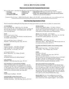 LOCAL RECYCLING GUIDE What you can recycle at the Community Recycle Center The recycling center is open 8am-5pm Mon-Sat (closed most Federal holidays & July 24) and accepts the following: • newspaper • aluminum cans 