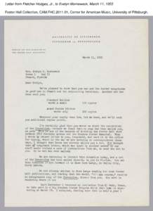 Letter from Fletcher Hodges, Jr., to Evelyn Morneweck, March 11, 1955 Foster Hall Collection, CAM.FHC[removed], Center for American Music, University of Pittsburgh. Letter from Fletcher Hodges, Jr., to Evelyn Morneweck, 