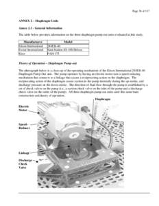 Page 38 of 117  ANNEX 2 – Diaphragm Units Annex[removed]General Information The table below provides information on the three diaphragm pump-out units evaluated in this study. Manufacturer