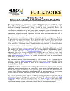 Air Quality Control Renewal Permit Number[removed]to South Yuma County Landfill, Inc.