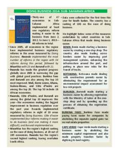 DOING BUSINESS 2014: SUB- SAHARAN AFRICA • Thirty-one of 47 • Data were collected for the first time this economies in Sub- year for South Sudan. The country has a Saharan