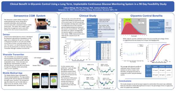 Clinical Benefit in Glycemic Control Using a Long Term, Implantable Continuous Glucose Monitoring System in a 90 Day Feasibility Study Colleen Mdingi, MS; Ravi Rastogi, PhD; Andrew DeHennis, PhD Senseonics, Inc., 20451 S