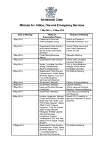 Ministerial Diary Minister for Police, Fire and Emergency Services 1 May 2014 – 31 May 2014 Date of Meeting 1 May 2014