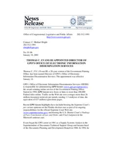 News Release No[removed]Thomas C. (T.C.) Evans III