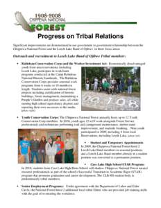 Progress on Tribal Relations Significant improvements are demonstrated in our government to government relationship between the Chippewa National Forest and the Leech Lake Band of Ojibwe in three focus areas: Outreach an