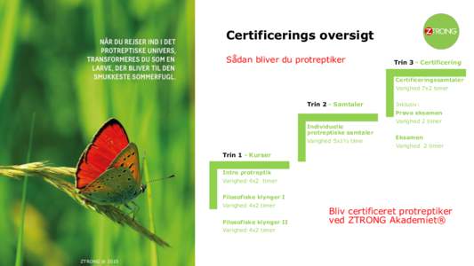 Certificerings oversigt Sådan bliver du protreptiker Trin 3 - Certificering Certificeringssamtaler Varighed 7x2 timer